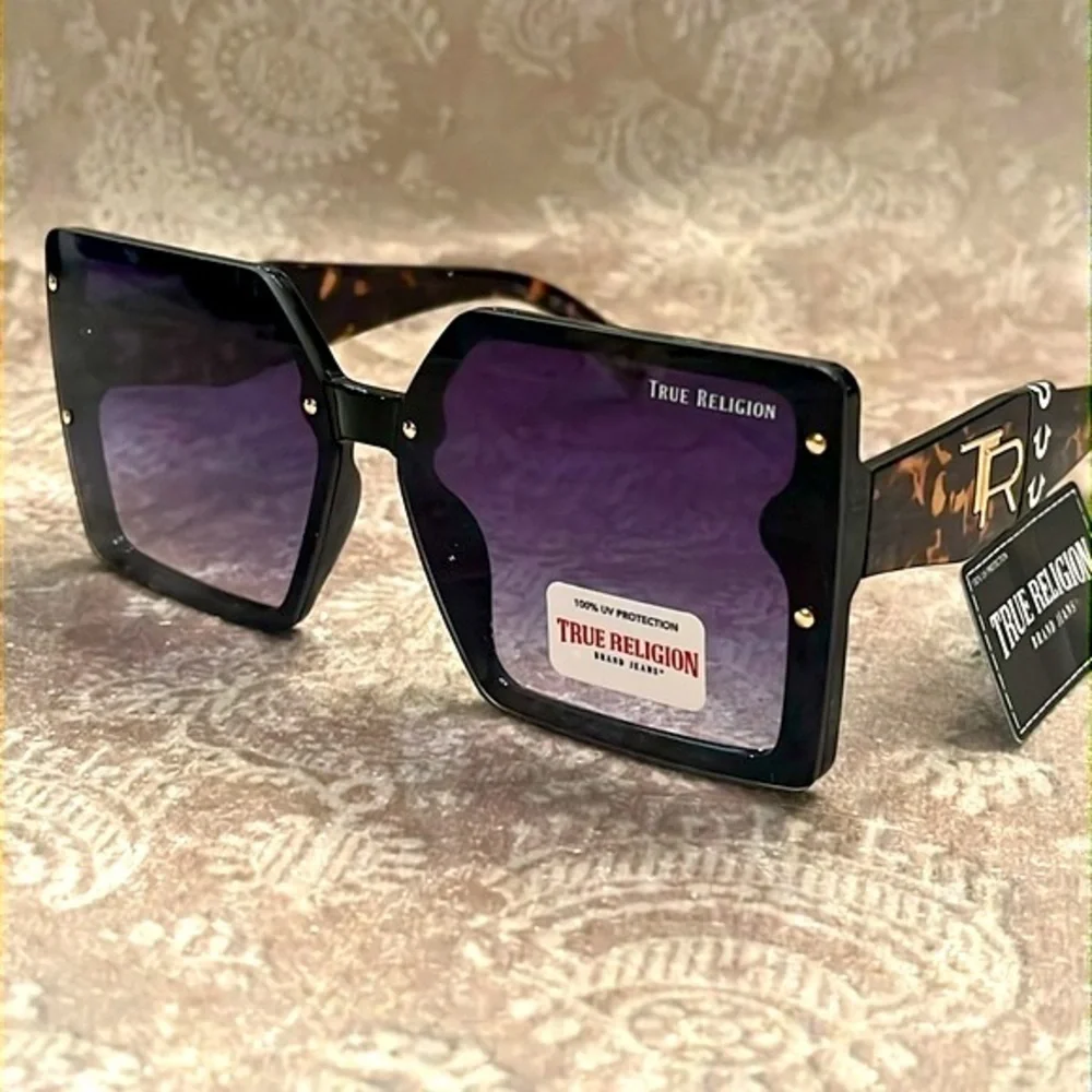 Brand New True Religion Oversized Square Sunglasses Tortoise Purple Lens